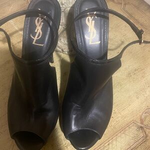 YSL Saint Laurent Black Leather Peep-Toe Slingback Mules with Gold Logo